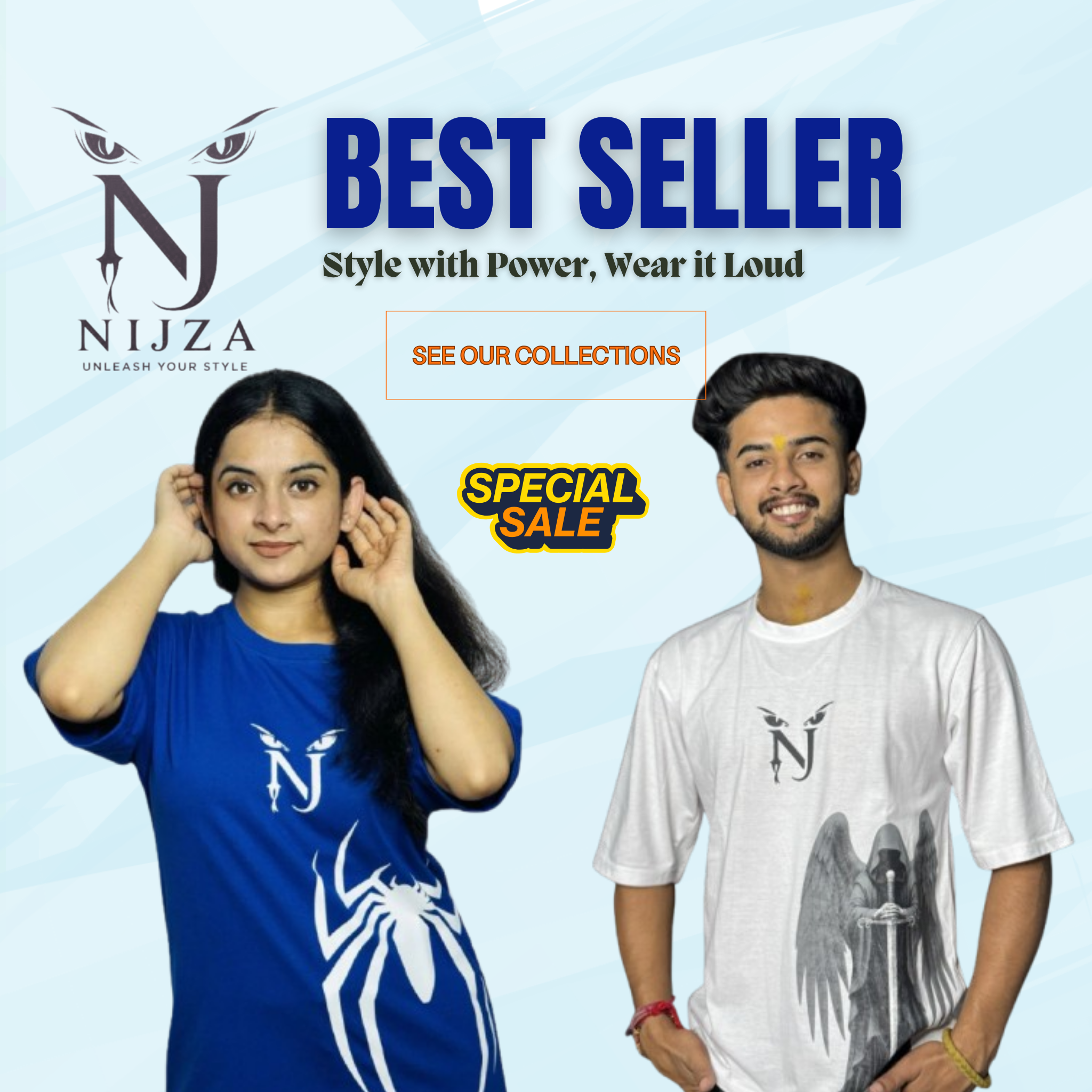 Two people wearing Nijza t-shirts with the brand's logo and text on a light blue background.