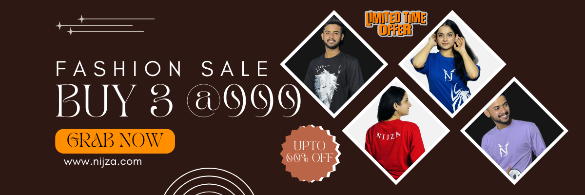 Fashion sale banner with people wearing branded shirts and a discount offer.