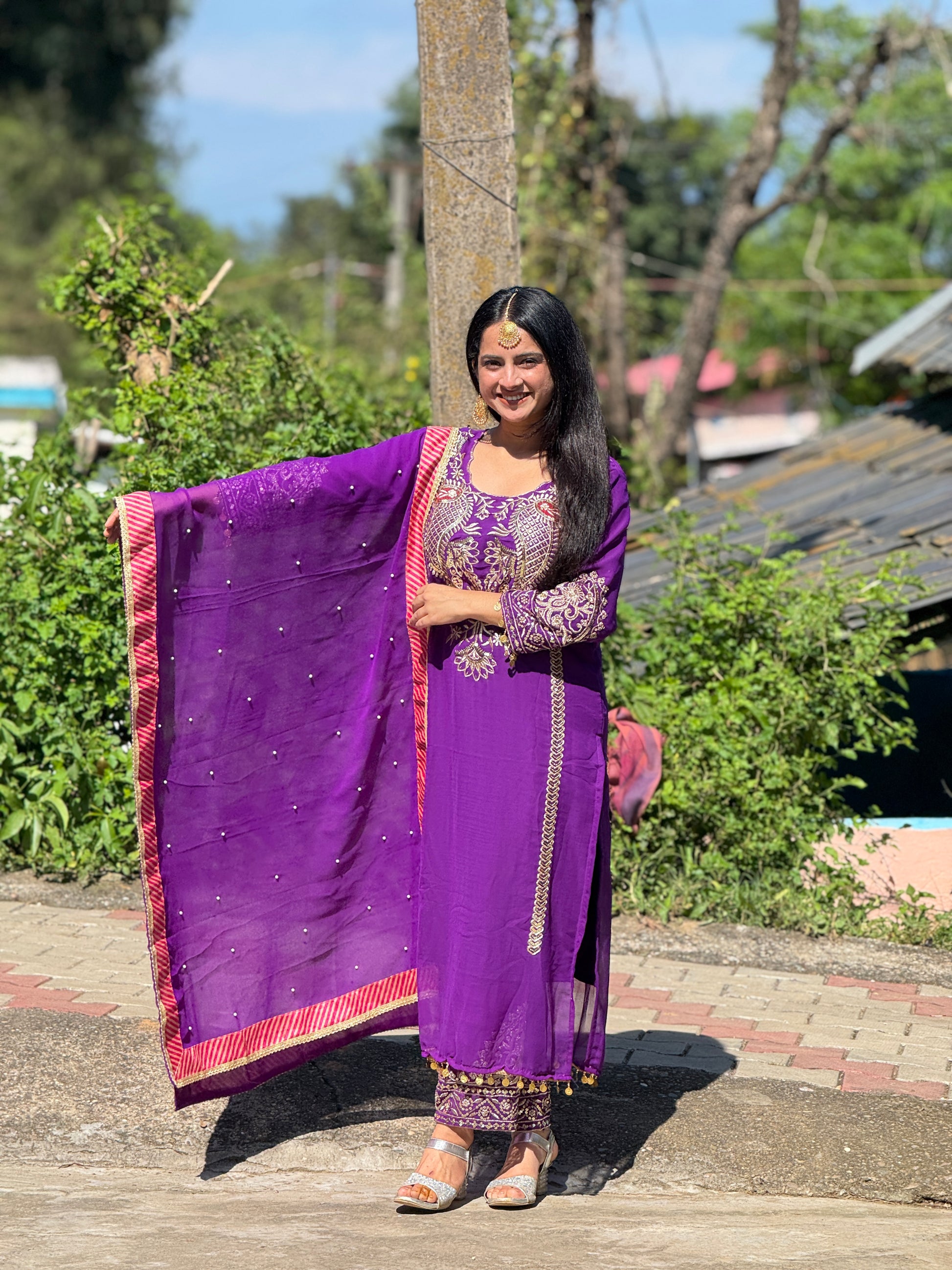 Nijza Festive Embroidered Purple Suit Set