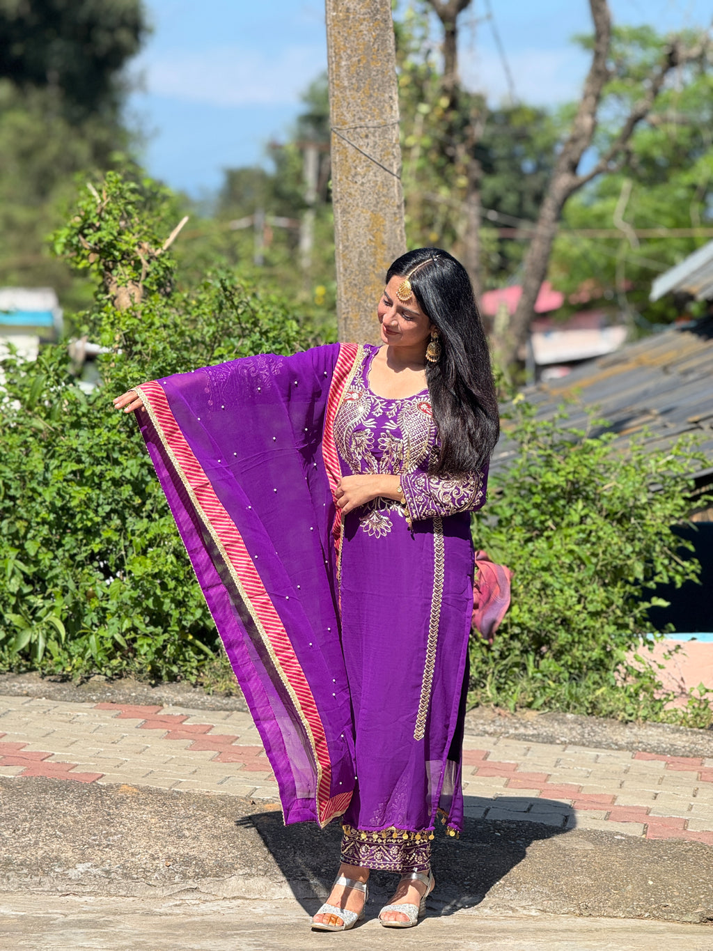 Nijza Festive Embroidered Purple Suit Set