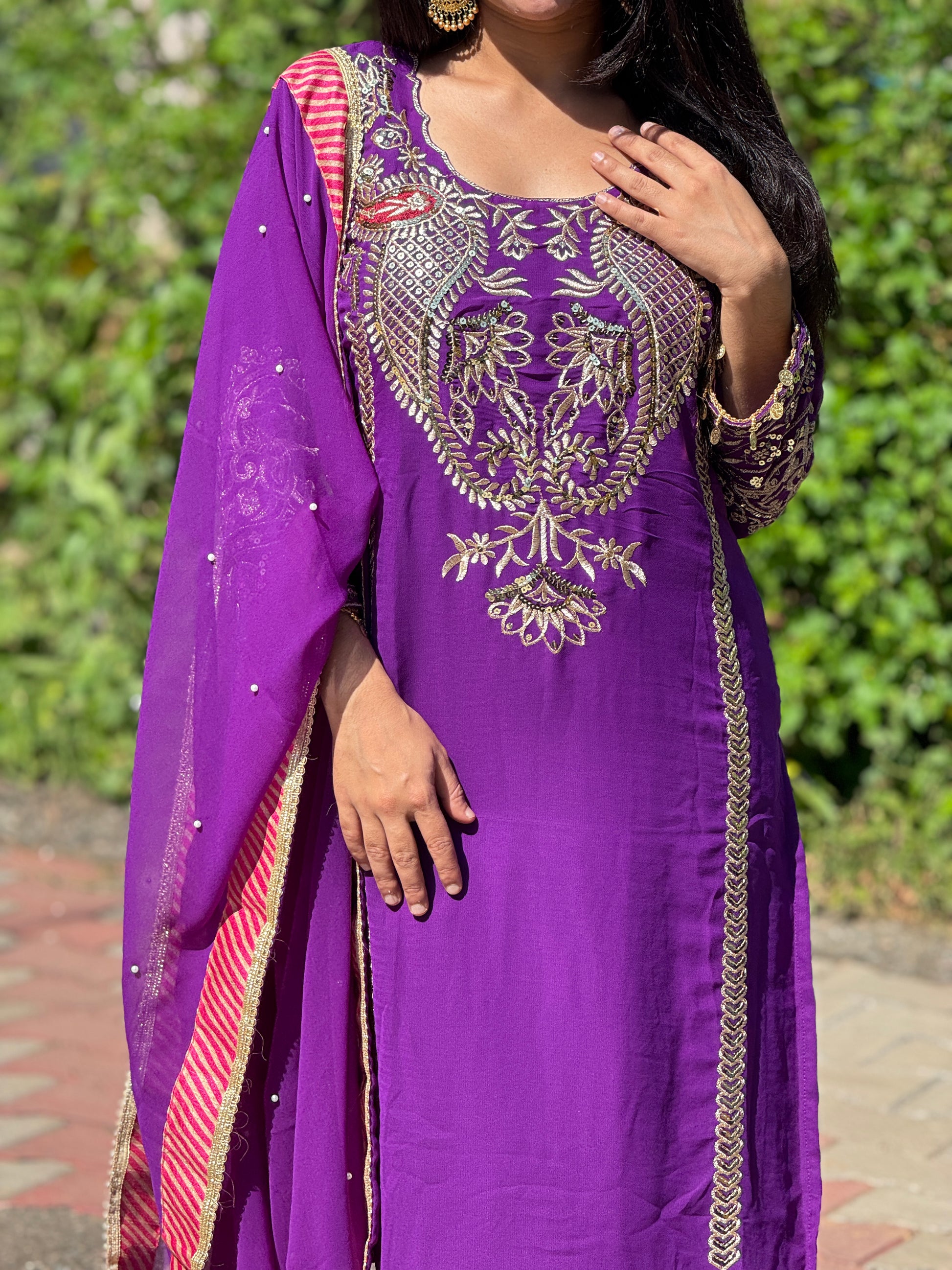 Nijza Festive Embroidered Purple Suit Set