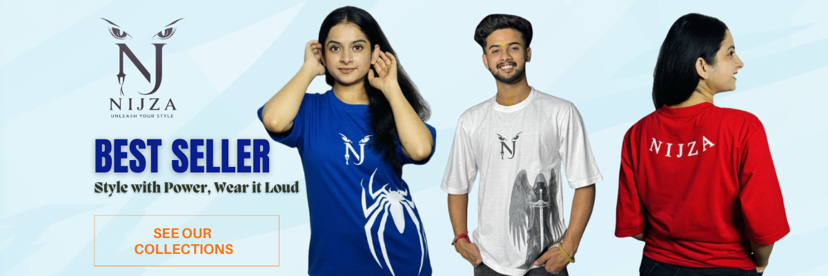 Promotional banner for NJ Nizza clothing with three models wearing blue, white, and red shirts.